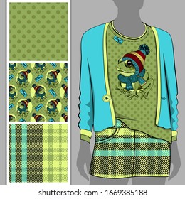 Vector set of seamless patterns with frog, cell and polka dots for printing on clothes. A set of clothes with a print and seamless patterns. Print on T-shirts, bags and and other fashion products.