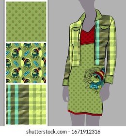 Vector set of seamless patterns with frog, cell and polka dots for printing on clothes. A set of clothes with a print and seamless patterns. Print on T-shirts, bags and and other fashion products.