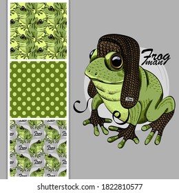 Vector set of seamless patterns with frog and polka dots for printing on clothes and other fashion products. Vector dressed frog with knitted hat and gloves. 