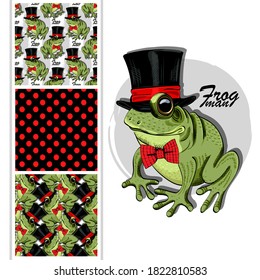 Vector set of seamless patterns with frog and polka dots for printing on clothes. Vector green frog with hat and red bow. 