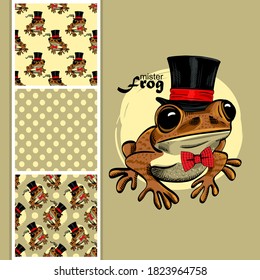 Vector set of seamless patterns with frog and polka dots for printing on clothes. Vector frog with hat and red bow. 