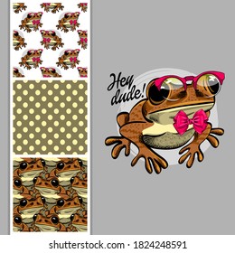 Vector set of seamless patterns with frog and polka dots for printing on clothes and other fashion products. Vector frog with red glasses and bow. 