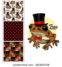 Vektorset aus nahtlosen Mustern mit Frosch- und Polka-Punkten zum Bedrucken von Kleidung. Vektorfrosch mit Hut und roter Schleife. 