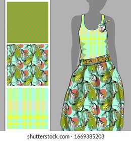 Vector set of seamless patterns with fruits and cell. Funny apple and pear. Hand made sketch with tangled lines. Children's drawing style. Print on T-shirts, bags and and other fashion products.