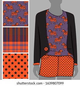 Vector set of seamless patterns with funny  zebras, cell and polka dots for printing on clothes. A set of clothes. Print on T-shirts, bags and and other fashion products.