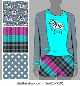 Vector set of seamless patterns with funny  zebras, cell and polka dots for printing on clothes. A set of clothes. Print on T-shirts, bags and and other fashion products.