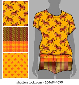 Vector set of seamless patterns with funny  zebras, cell and polka dots for printing on clothes. A set of clothes. Print on T-shirts, bags and and other fashion products.