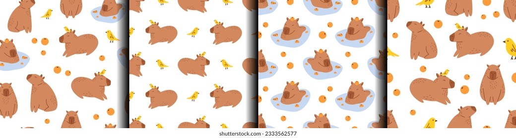 Conjunto de vectores de patrones sin fisuras con graciosas capibaras. Colección de fondo con divertidas capibaras. Capibaras mullidas relajándose con naranjas y pájaros mandarinos. Patrones animales adorables de América del Sur.