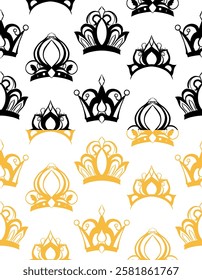 Vector set of seamless patterns with golden and black crowns on white background. Collection of luxury texture with tracery royal tiaras for princesses and queens. Wallpaper and fabric