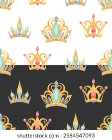 Vector set of seamless patterns of golden crowns with gemstones on black and white backgrounds. Ideal for luxury-themed designs, textiles, wallpapers, or prints. Elegant and detailed cartoon style.