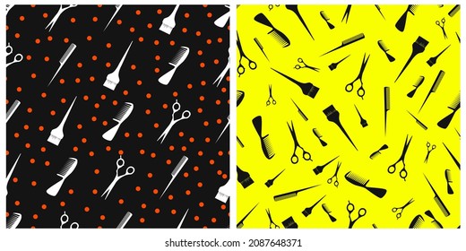 Vector set of seamless patterns with hairdresser items. Scissors, brushes, combs. Unique background for hairdressers on black and yellow isolated background. 