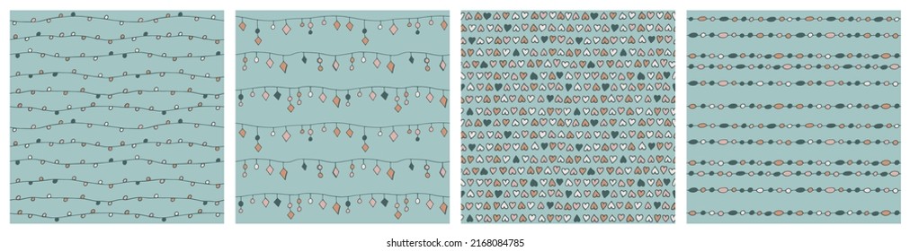 Vector set of seamless patterns of hand drawn beads, hearts, garlands. Abstract background from decorative doodle elements