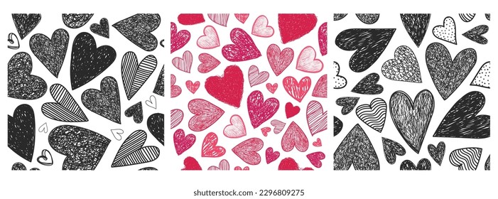 Vector set of seamless patterns. Hand drawn doodle hearts, textured, love background