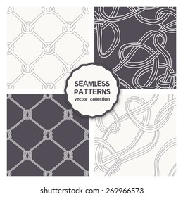Vector set of seamless patterns. Hand drawn confused backgrounds. Monochrome textures with interwoven ropes, abstract grids with knots. Creative tileable prints for fabric, wallpaper, wrapping