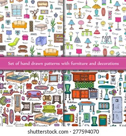 Vector set of seamless patterns with hand drawn furniture and decorations on white background. Background for use in design, web site, packing, textile, fabric