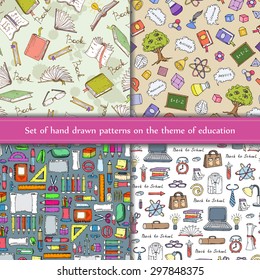 Vector set of seamless patterns with hand drawn symbols of education. Patterns on the theme of school. Backgrounds for use in design, web site, packing, textile, fabric