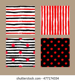 a vector set of seamless patterns; hand drawn design elements; sketched; chalk; grungy style; horizontal and vertical stripes; polka dot; black, red; white; ink painted by brush;