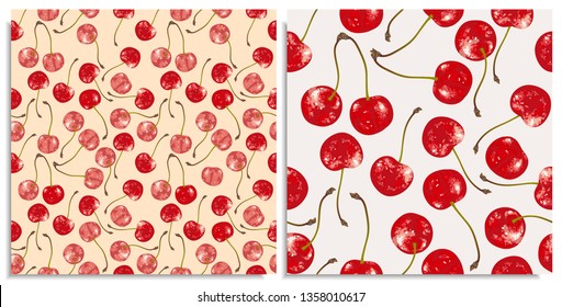 Vector set of seamless patterns with hand-drawn juicy and delicious rich red cherries, with highlights and rewrites, with a beautiful green sprig. Realistic, like paint. Double cherry branch, single