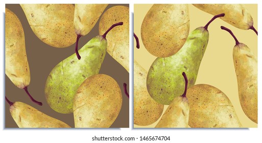Vector set of seamless patterns with hand-drawn harvest juicy, delicious rich soft pears conference, with highlights, with a beautiful brown sprig. Realistic, like paint. Ripe, tasty pears scattered