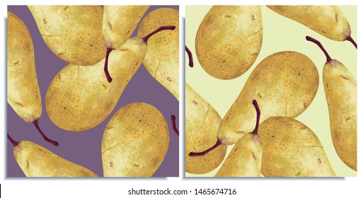 Vector set of seamless patterns with hand-drawn harvest juicy, delicious rich soft pears conference, with highlights, with a beautiful brown sprig. Realistic, like paint. Ripe, tasty pears scattered