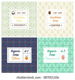 Vector Set Of Seamless Patterns For Handmade Soap.
Linear Design Templates For Most Popular Soap Recipes: Coconut Milk, Peppermint, Citrus And Coffee. With Their Symbols: Fruit, Nut, Candy, Bean.