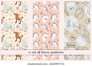 vector set of seamless patterns with horses. Endless repeating patterns for printing with images of horses