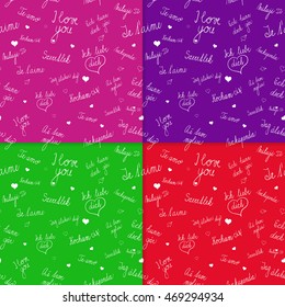 Vector set of Seamless patterns with "I love you" text in various languages. Bright background colors.