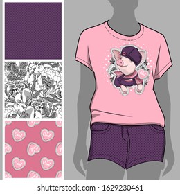 Vector set of seamless patterns and images of pig for printing on clothes. A set of clothes with a print and seamless patterns.Print on T-shirts, bags and and other fashion products.