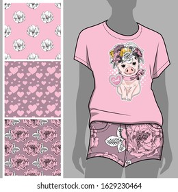 Vector set of seamless patterns and images of pig for printing on clothes. A set of clothes with a print and seamless patterns.Print on T-shirts, bags and and other fashion products.