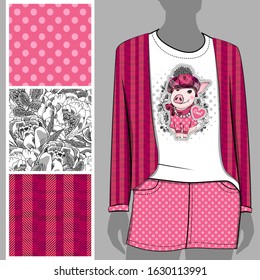 Vector set of seamless patterns and images of pig for printing on clothes. A set of clothes with a print and seamless patterns.Print on T-shirts, bags and and other fashion products.