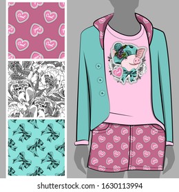 Vector set of seamless patterns and images of pig for printing on clothes. A set of clothes with a print and seamless patterns.Print on T-shirts, bags and and other fashion products.
