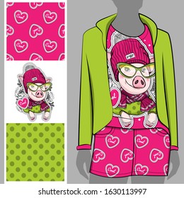 Vector set of seamless patterns and images of pig for printing on clothes. A set of clothes with a print and seamless patterns.Print on T-shirts, bags and and other fashion products.
