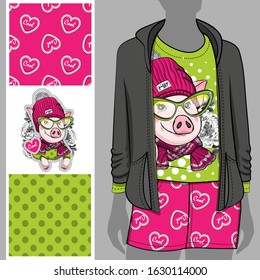 Vector set of seamless patterns and images of pig for printing on clothes. A set of clothes with a print and seamless patterns.Print on T-shirts, bags and and other fashion products.
