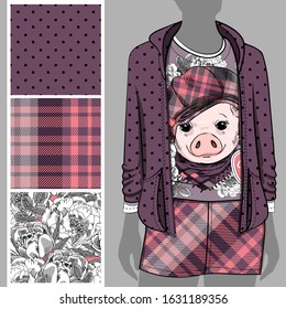 Vector set of seamless patterns and images of pig for printing on clothes. A set of clothes with a print and seamless patterns. Print on T-shirts, bags and and other fashion products.