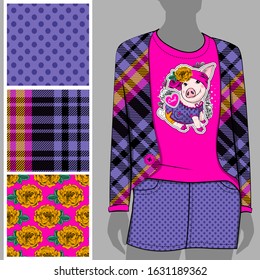 Vector set of seamless patterns and images of pig for printing on clothes. A set of clothes with a print and seamless patterns. Print on T-shirts, bags and and other fashion products.