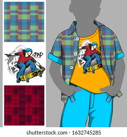 Vector set of seamless patterns and images of skateboarder for printing on clothes. A set of clothes with a print and seamless patterns.Print on T-shirts, bags and and other fashion products.