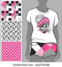 Vector set of seamless patterns and images of cat for printing on clothes. A set of clothes with a print and seamless patterns. Print on T-shirts, bags and and other fashion products. 