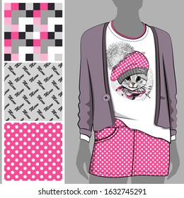 Vector set of seamless patterns and images of cat for printing on clothes. A set of clothes with a print and seamless patterns. Print on T-shirts, bags and and other fashion products. 