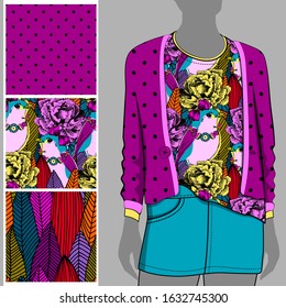 Vector set of seamless patterns and images of bird for printing on clothes. A set of clothes with a print and seamless patterns. Print on T-shirts, bags and and other fashion products.