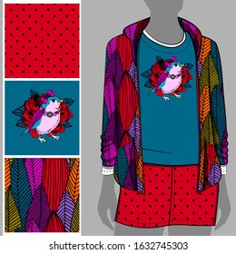 Vector set of seamless patterns and images of bird for printing on clothes. A set of clothes with a print and seamless patterns. Print on T-shirts, bags and and other fashion products.