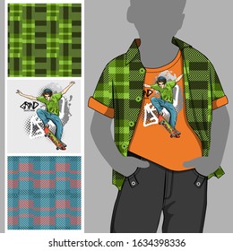 Vector set of seamless patterns and images of skateboarder for printing on clothes. A set of clothes with a print and seamless patterns.Print on T-shirts, bags and and other fashion products.