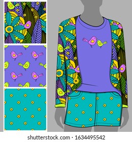 Vector set of seamless patterns and images of birds for printing on clothes. A set of clothes with a print and seamless patterns. Print on T-shirts, bags and and other fashion products.
