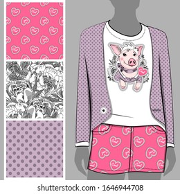 Vector set of seamless patterns and images of pig for printing on clothes. A set of clothes with a print and seamless patterns. Print on T-shirts, bags and and other fashion products.