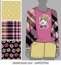 Vector set of seamless patterns and images of pig for printing on clothes. A set of clothes with a print and seamless patterns. Print on T-shirts, bags and and other fashion products.