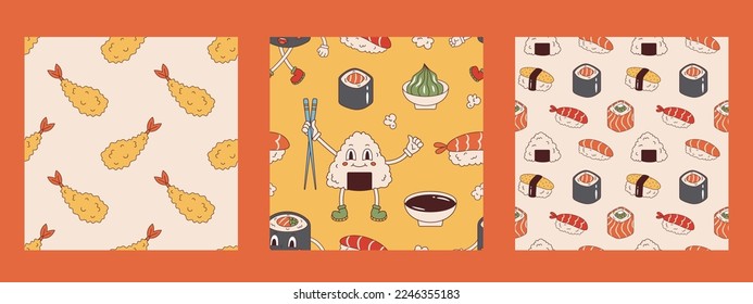 Vector set of seamless patterns with japanese food in retro style. Sushi, onigiri, tempura fried ebi, soy sauce and wasabi. Collection of backgrounds with asian food 70s.