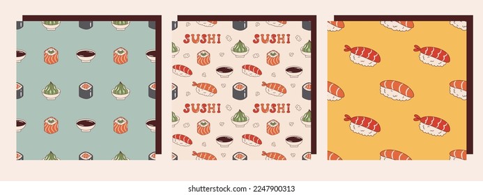 Vector set of seamless patterns with japanese food in retro style. Onigiri, soy sauce, wasabi, philadelphia roll and maki sushi. Retro collection of backgrounds with asian food 70s.
