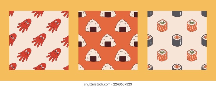 Vector set of seamless patterns with japanese food in retro style. Onigiri, sausage octopus, philadelphia roll and maki sushi. Collection of backgrounds with asian food 70s.