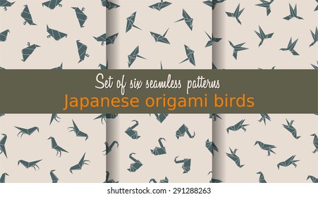 Vector set of seamless patterns. Japanese origami birds. Can be used for web page backgrounds, surface textures, background on business cards or poster, wallpapers, print on textiles.