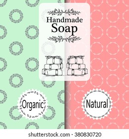 Vector set of seamless patterns, labels and logo design templates for hand made soap packaging and wrapping paper. homemade , handmade, natural, organic 