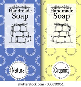 Vector set of seamless patterns, labels and logo design templates for hand made soap packaging and wrapping paper. homemade , handmade, natural, organic 